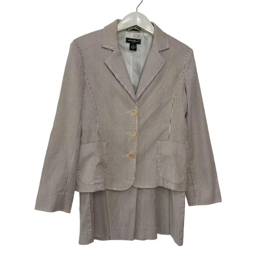Eddie Bauer Skirt Suit 8 Petite Brown White‎ Seersucker Stripe Blazer 2pc Set
